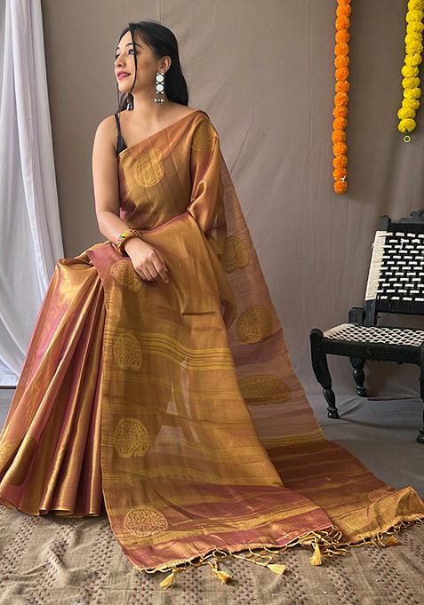 Pink Pure Zari Weaving Work Pure Tissus Silk Saree Set With Blouse