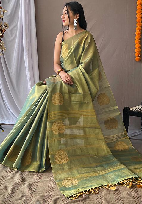 Light Green Pure Zari Weaving Work Pure Tissus Silk Saree Set With Blouse