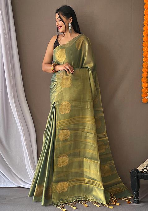 Light Green Pure Zari Weaving Work Pure Tissus Silk Saree Set With Blouse