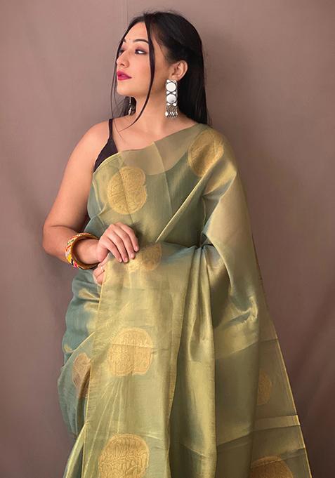 Light Green Pure Zari Weaving Work Pure Tissus Silk Saree Set With Blouse