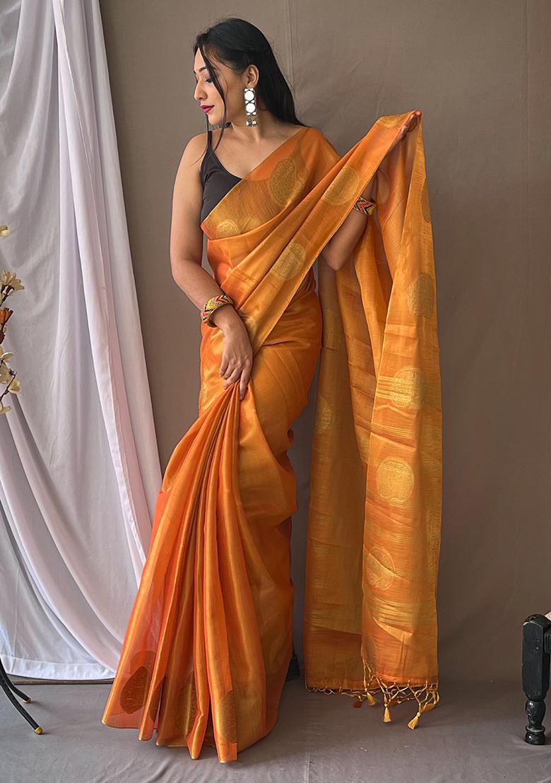 Orange Pure Zari Weaving Work Pure Tissus Silk Saree Set With Blouse