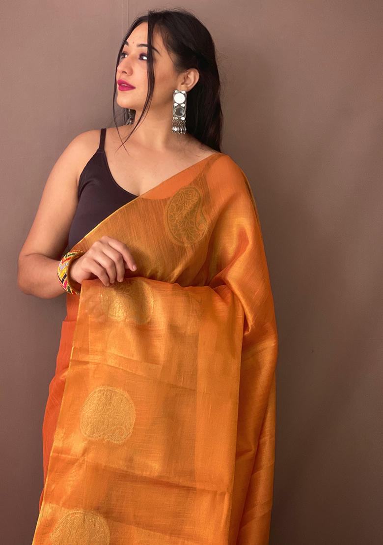 Orange Pure Zari Weaving Work Pure Tissus Silk Saree Set With Blouse