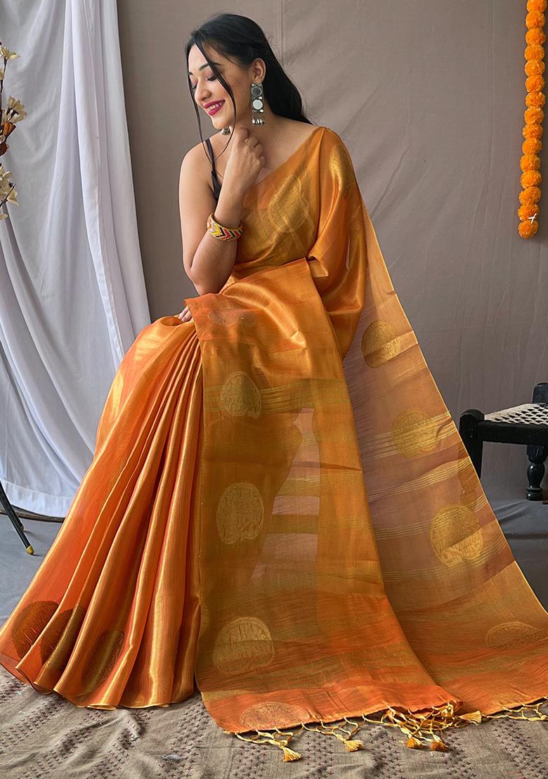 Orange Pure Zari Weaving Work Pure Tissus Silk Saree Set With Blouse