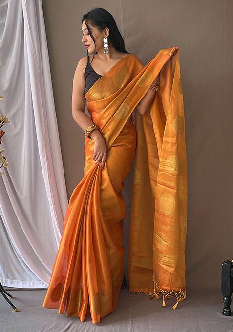 Orange Pure Zari Weaving Work Pure Tissus Silk Saree Set With Blouse