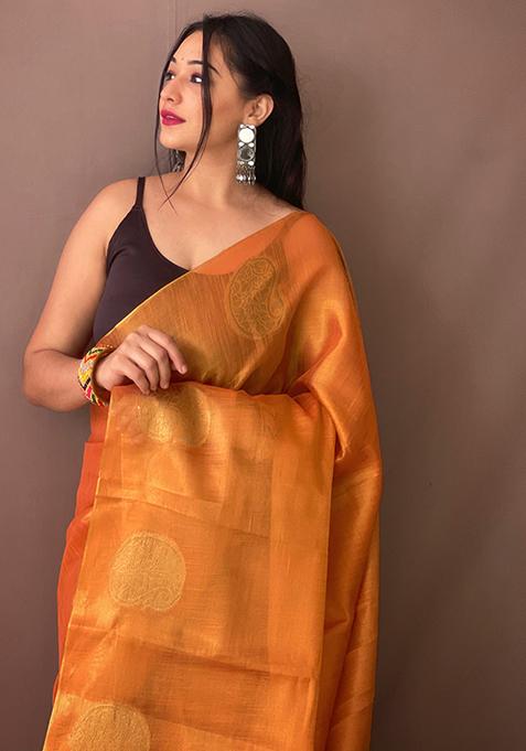 Orange Pure Zari Weaving Work Pure Tissus Silk Saree Set With Blouse