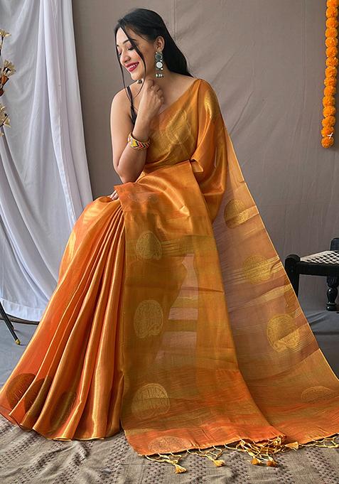 Orange Pure Zari Weaving Work Pure Tissus Silk Saree Set With Blouse
