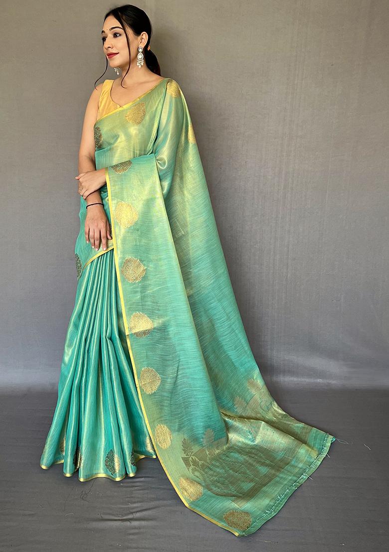 Sky Blue Pure Zari Weaving Work Pure Tissue Silk Saree Set With Blouse