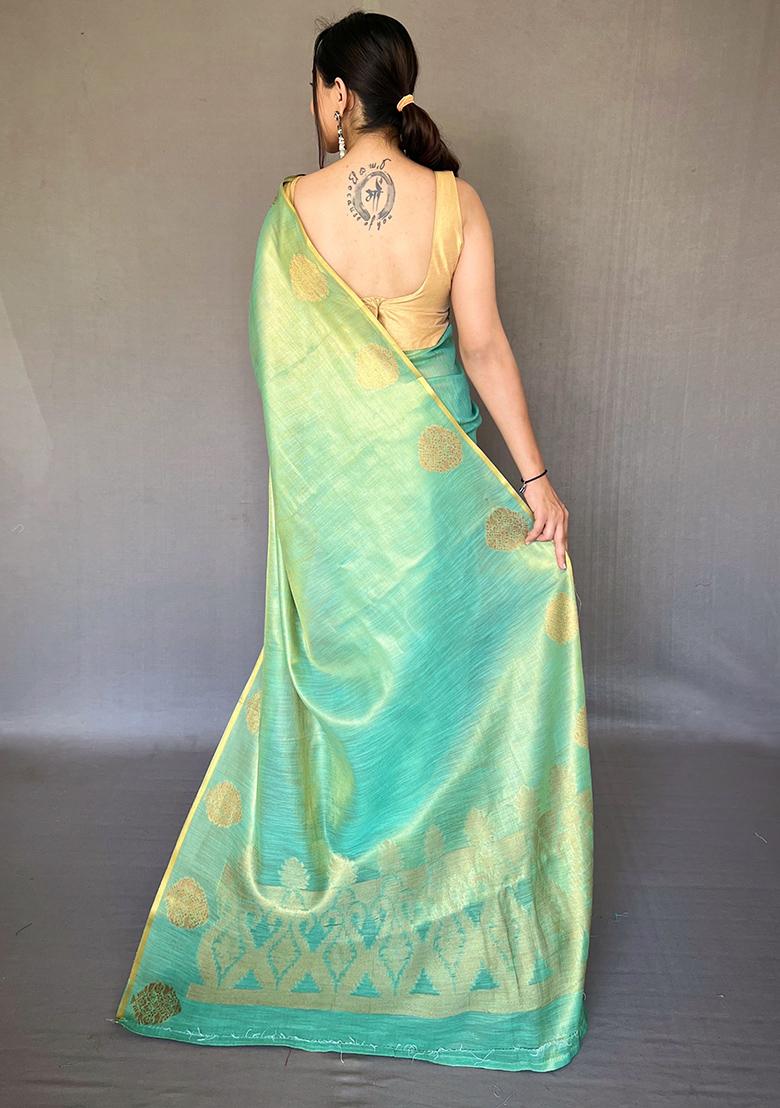 Sky Blue Pure Zari Weaving Work Pure Tissue Silk Saree Set With Blouse