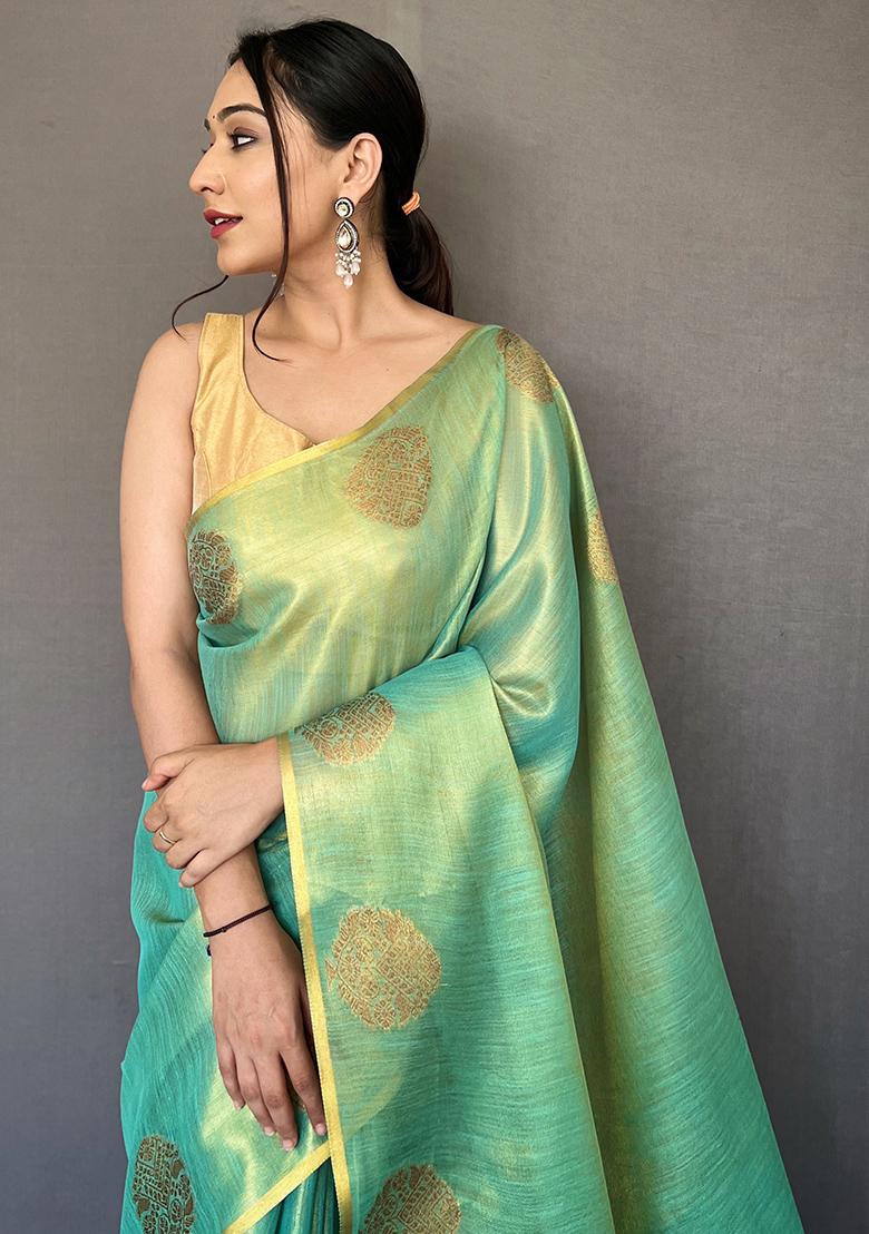 Sky Blue Pure Zari Weaving Work Pure Tissue Silk Saree Set With Blouse