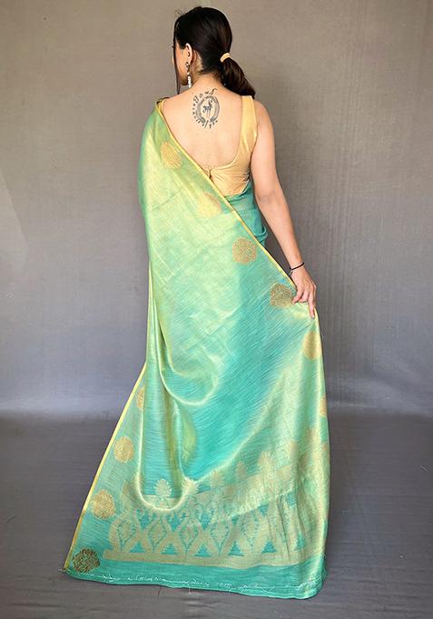 Sky Blue Pure Zari Weaving Work Pure Tissue Silk Saree Set With Blouse