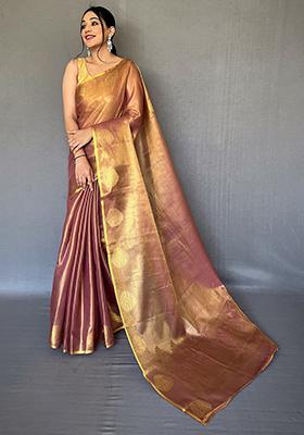 Brown Pure Zari Weaving Work Pure Tissue Silk Saree Set With Blouse