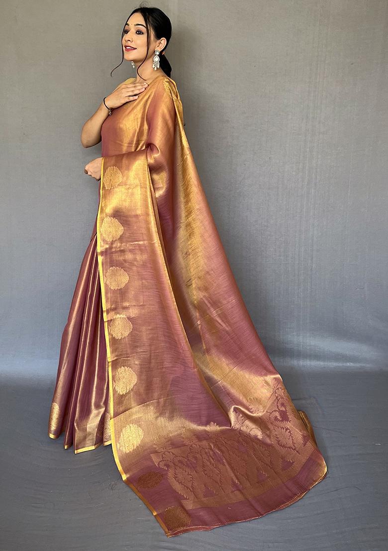 Brown Pure Zari Weaving Work Pure Tissue Silk Saree Set With Blouse