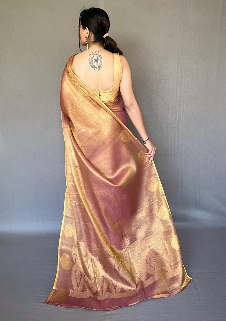Brown Pure Zari Weaving Work Pure Tissue Silk Saree Set With Blouse