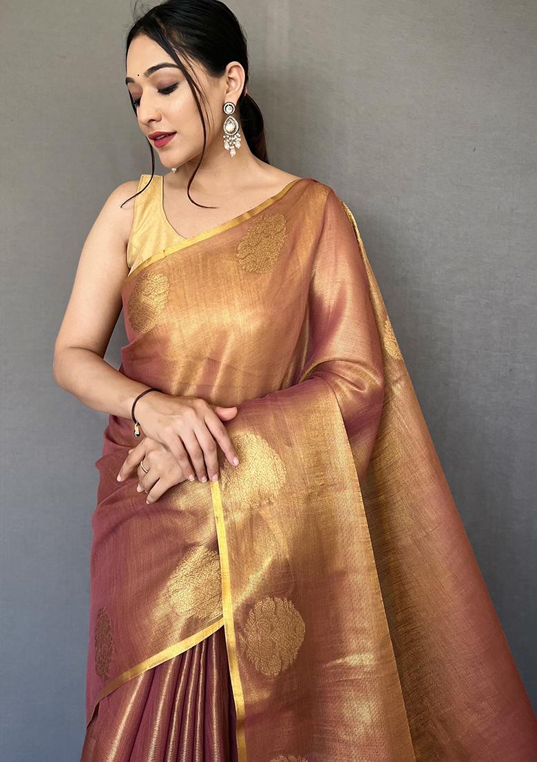 Brown Pure Zari Weaving Work Pure Tissue Silk Saree Set With Blouse