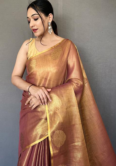 Brown Pure Zari Weaving Work Pure Tissue Silk Saree Set With Blouse
