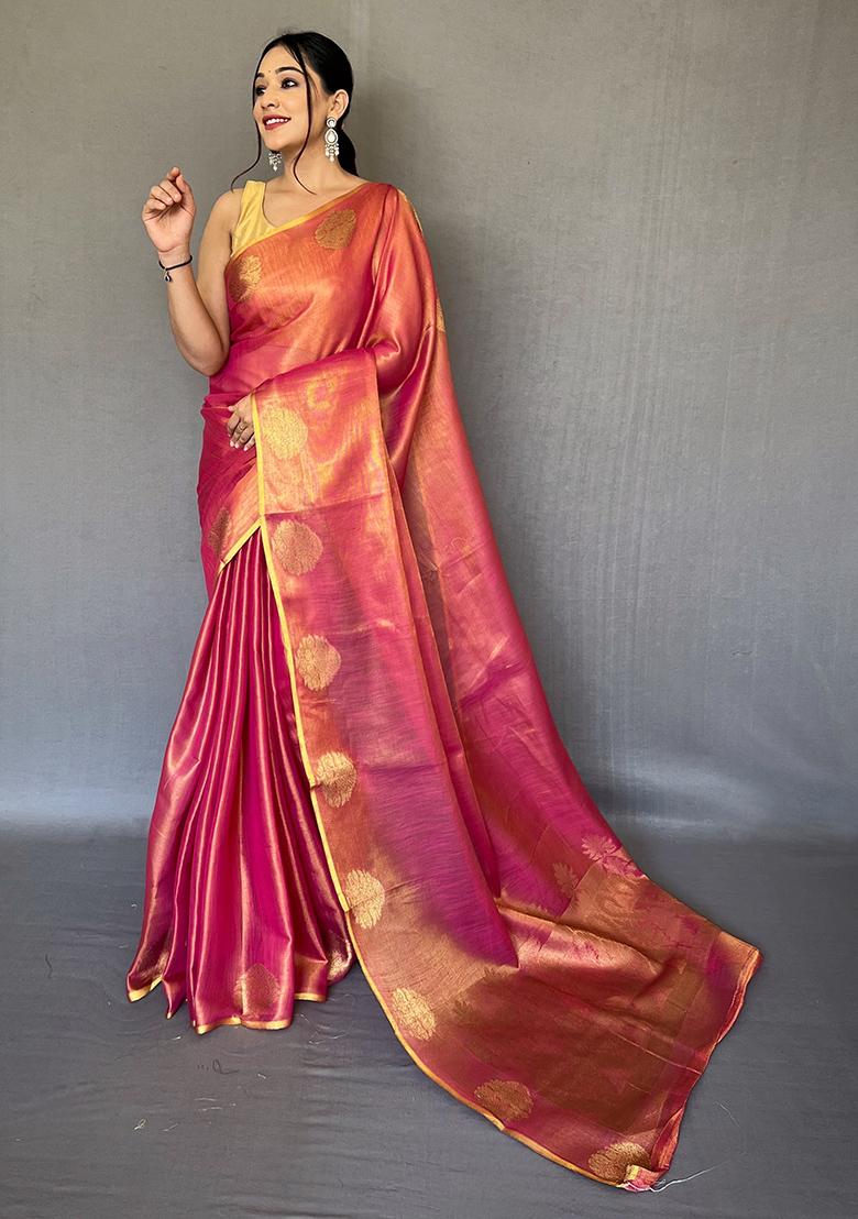 Yellow Pure Zari Weaving Work Pure Tissue Silk Saree Set With Blouse