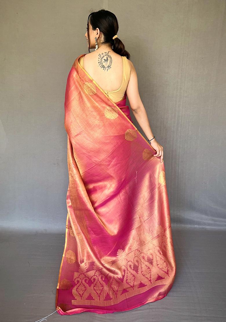 Yellow Pure Zari Weaving Work Pure Tissue Silk Saree Set With Blouse