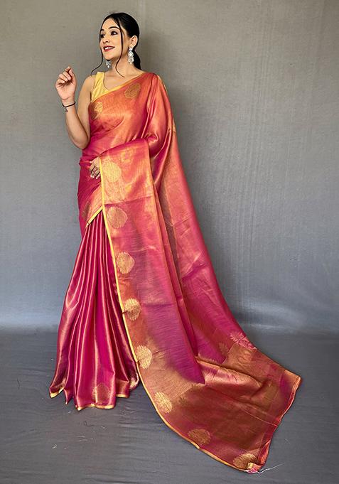 Yellow Pure Zari Weaving Work Pure Tissue Silk Saree Set With Blouse