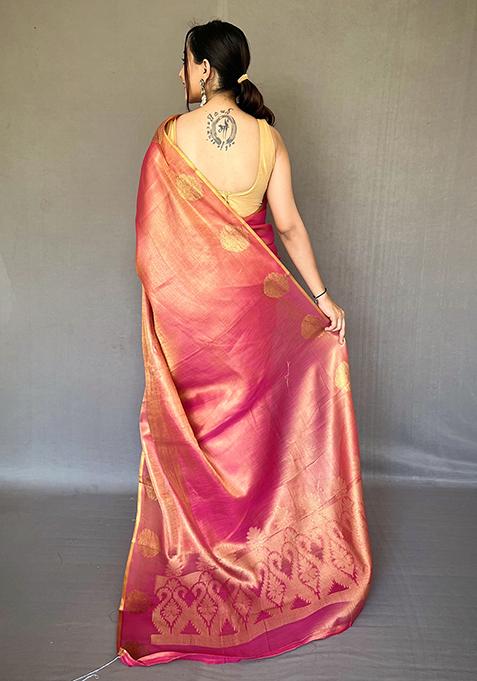 Yellow Pure Zari Weaving Work Pure Tissue Silk Saree Set With Blouse