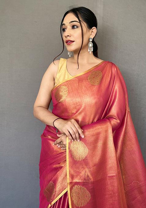 Yellow Pure Zari Weaving Work Pure Tissue Silk Saree Set With Blouse