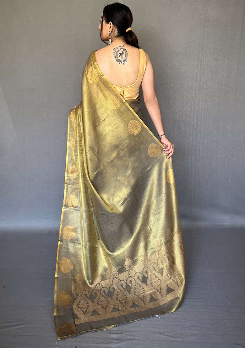 Pink Pure Zari Weaving Work Pure Tissue Silk Blend Saree Set With Blouse - Indya