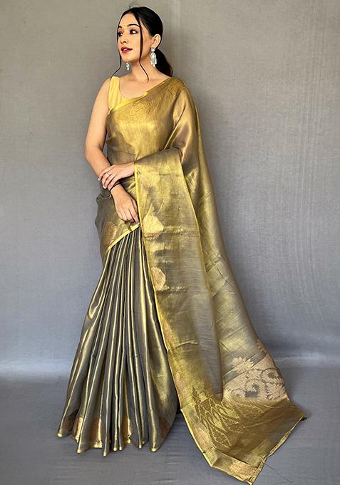 Pink Pure Zari Weaving Work Pure Tissue Silk Saree Set With Blouse — view on Indya