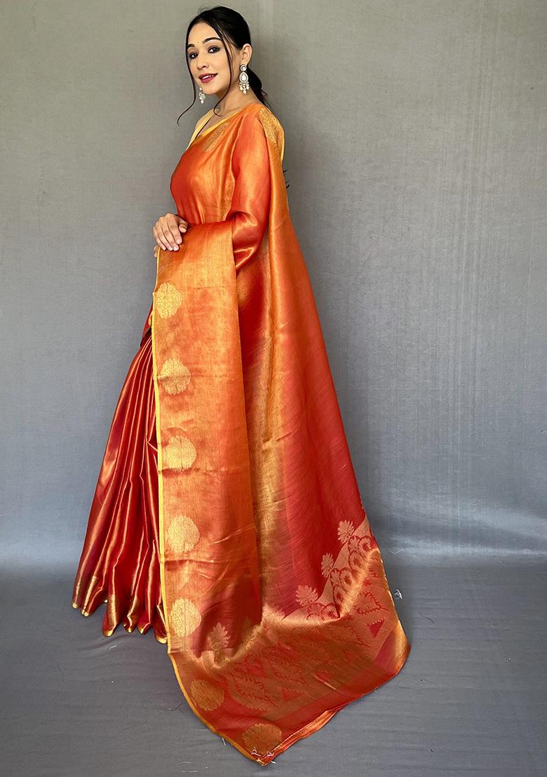 Peach Pure Zari Weaving Work Pure Tissue Silk Saree Set With Blouse