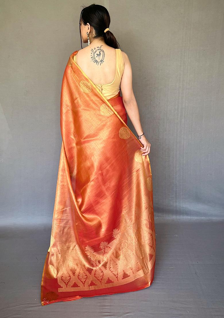 Peach Pure Zari Weaving Work Pure Tissue Silk Saree Set With Blouse