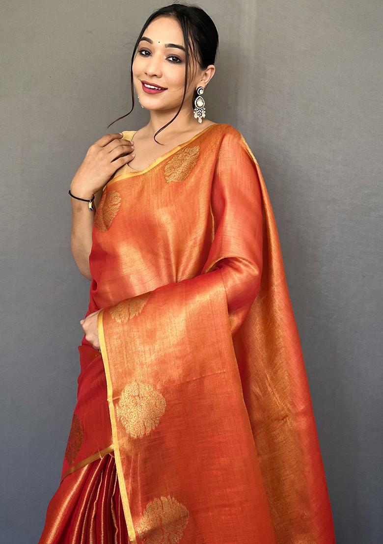 Peach Pure Zari Weaving Work Pure Tissue Silk Saree Set With Blouse