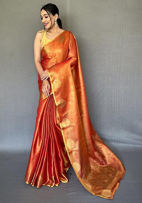 Peach Pure Zari Weaving Work Pure Tissue Silk Saree Set With Blouse