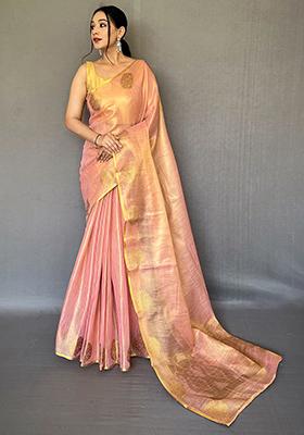 Orange Pure Zari Weaving Work Pure Tissue Silk Saree Set With Blouse