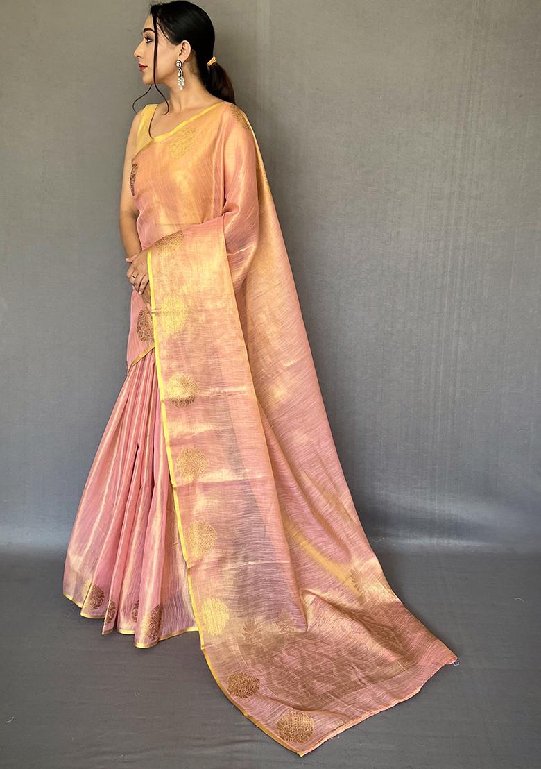 Orange Pure Zari Weaving Work Pure Tissue Silk Saree Set With Blouse