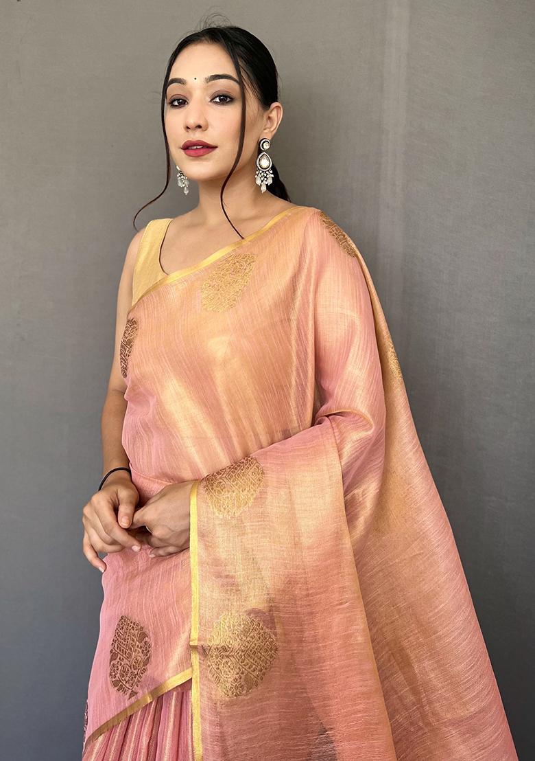 Orange Pure Zari Weaving Work Pure Tissue Silk Saree Set With Blouse