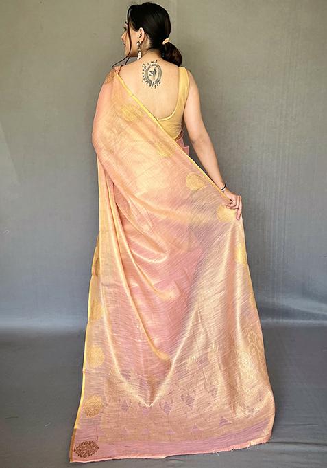 Orange Pure Zari Weaving Work Pure Tissue Silk Saree Set With Blouse