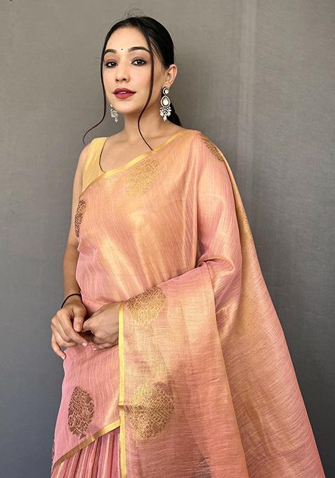 Orange Pure Zari Weaving Work Pure Tissue Silk Saree Set With Blouse