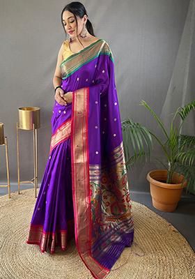 Purple Pure Zari Weaving Butti Pure Soft Silk Saree Set With Blouse