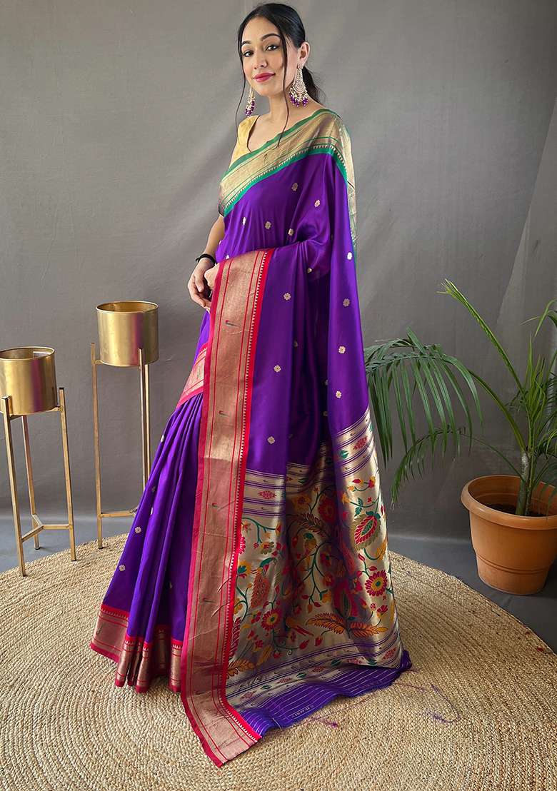 Purple Pure Zari Weaving Butti Pure Soft Silk Saree Set With Blouse - Indya