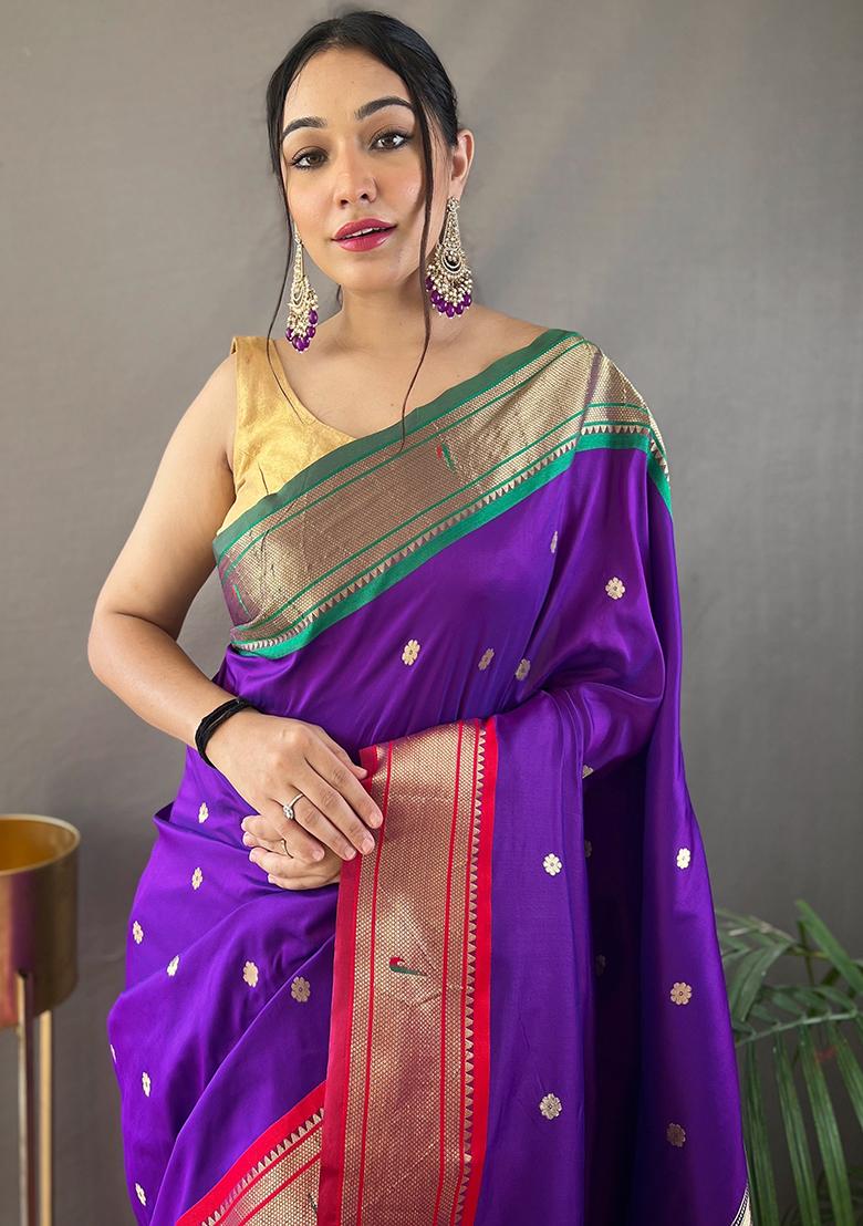 Purple Pure Zari Weaving Butti Pure Soft Silk Saree Set With Blouse