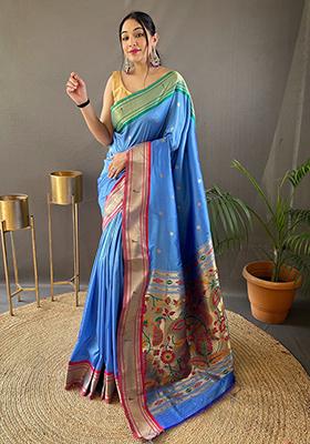 Sky Blue Pure Zari Weaving Butti Pure Soft Silk Saree Set With Blouse