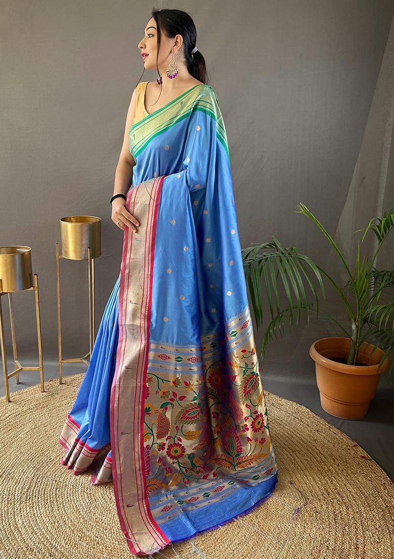 Sky Blue Pure Zari Weaving Butti Pure Soft Silk Saree Set With Blouse