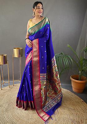 Blue Pure Zari Weaving Butti Pure Soft Silk Saree Set With Blouse