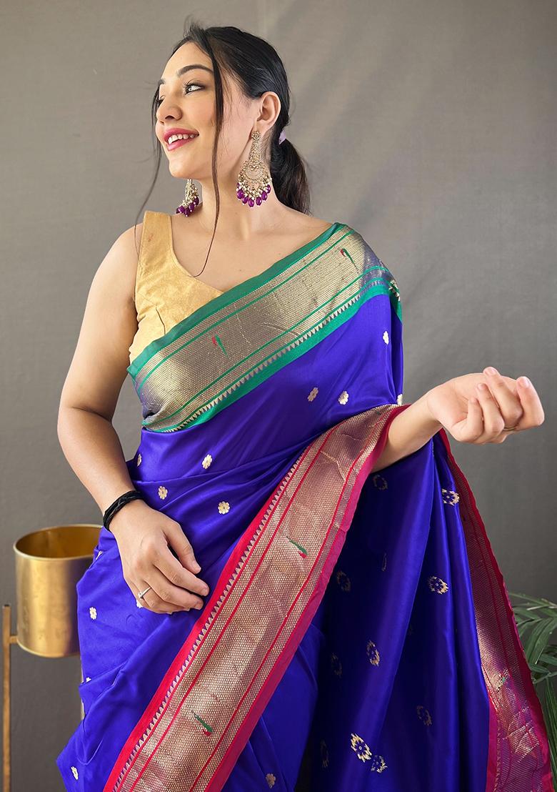 Blue Pure Zari Weaving Butti Pure Soft Silk Saree Set With Blouse