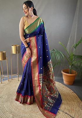 Royal Blue Pure Zari Weaving Butti Pure Soft Silk Saree Set With Blouse