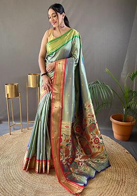 Navy Blue Pure Zari Weaving Butti Pure Soft Silk Saree Set With Blouse