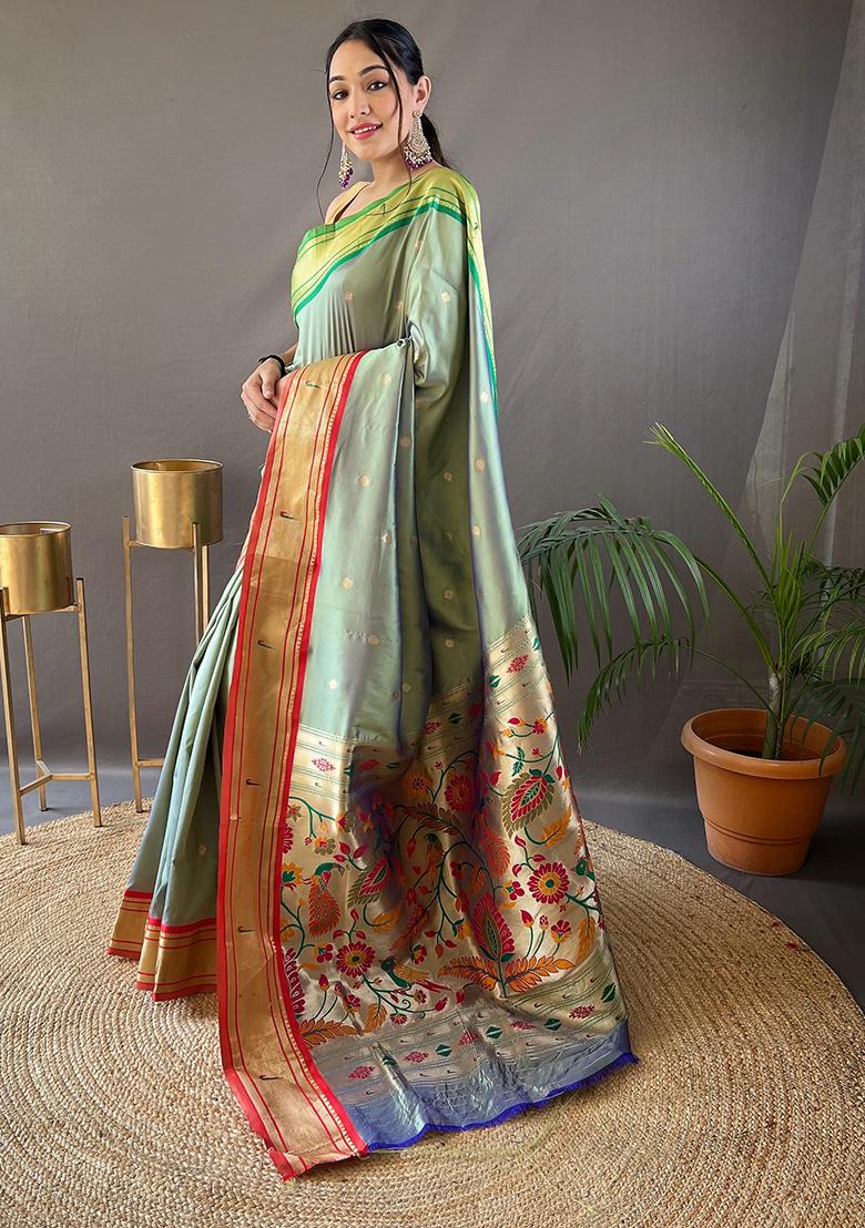 Navy Blue Pure Zari Weaving Butti Pure Soft Silk Saree Set With Blouse