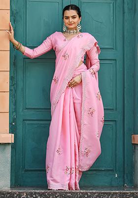 Pink Embroidered Cotton Saree Set With Blouse