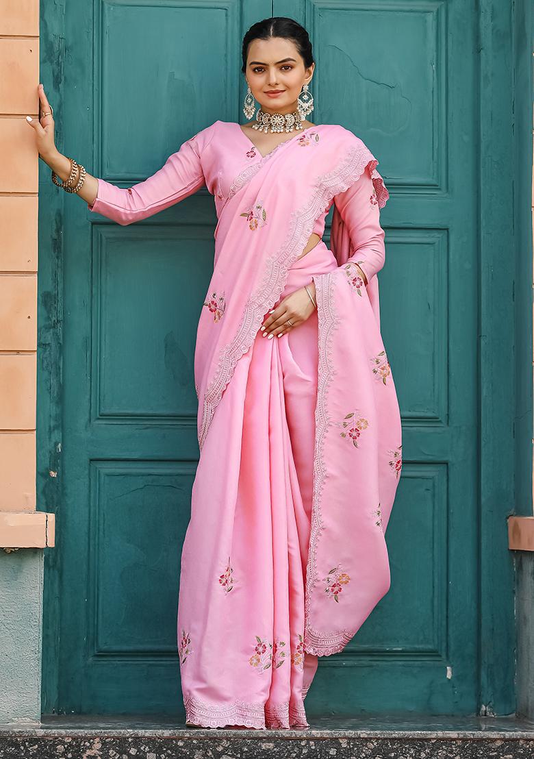 Pink Embroidered Cotton Saree Set With Blouse