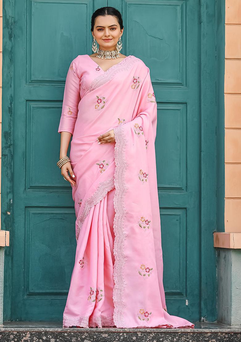 Pink Embroidered Cotton Saree Set With Blouse