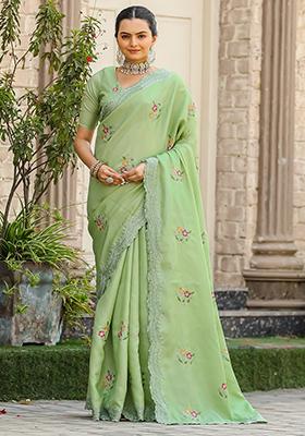 Light Green Embroidered Cotton Saree Set With Blouse