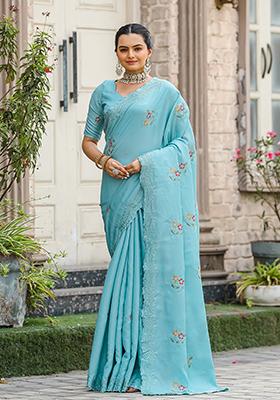 Sky Blue Embroidered Cotton Saree Set With Blouse